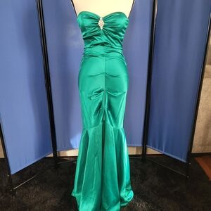 Xscape Strapless Satin Gown in Emerald